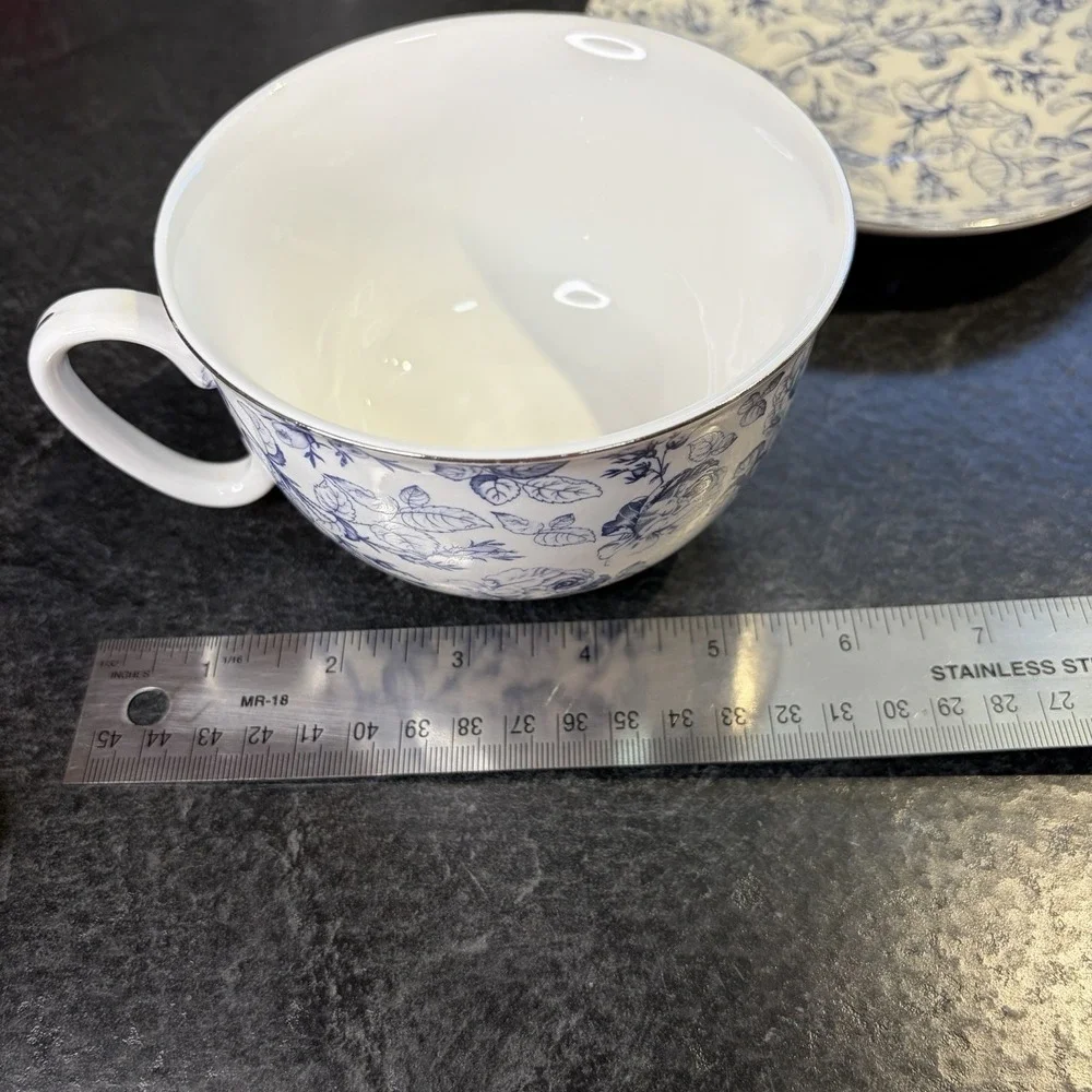 Grace Teaware Blue Rose Toile Fine Porcelain Oversized 16oz Tea Cup & Saucer EUC